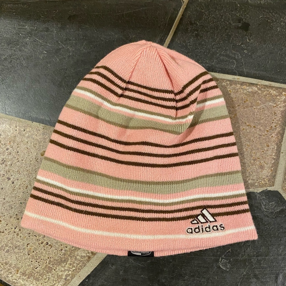 Y2K Adidas Reversible ClimaWarm Beanie Pink Brown White Stripes - Picture 10 of 13